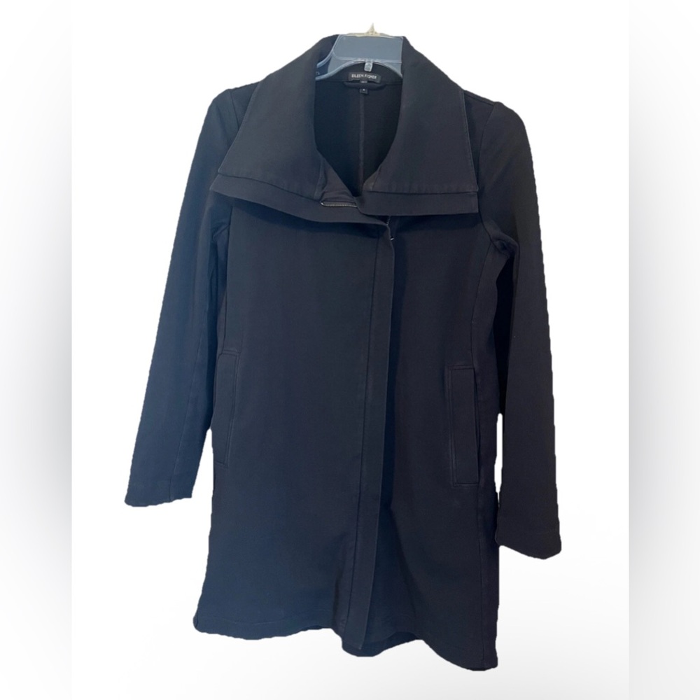 Eileen Fisher Black Long Jacket Size S Cotton Terry Funnel Collar Asymmetric zip